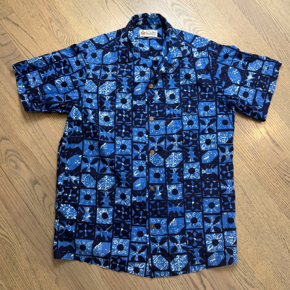 Vtg 50s Alfred Shaheen Hawaiian Shirt Indigo Blue Block Print Small Rare Grail